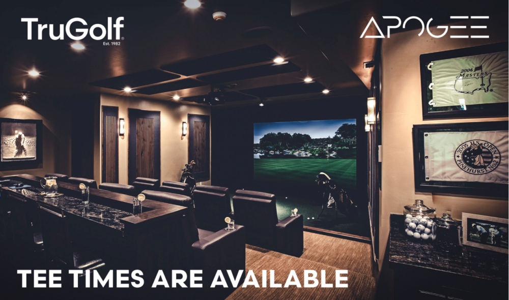 Commercial golf lounge with several TruGolf APOGEE simulator bays and lounge seating