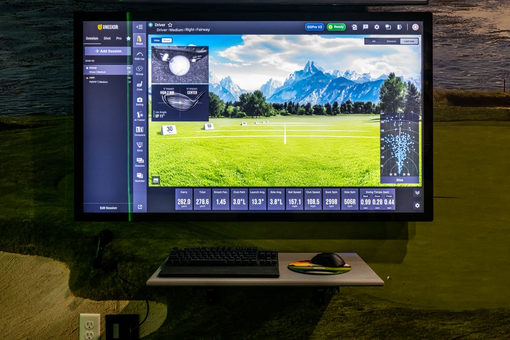 Uneekor launch monitor data and GSPro shot analysis on the simulator display